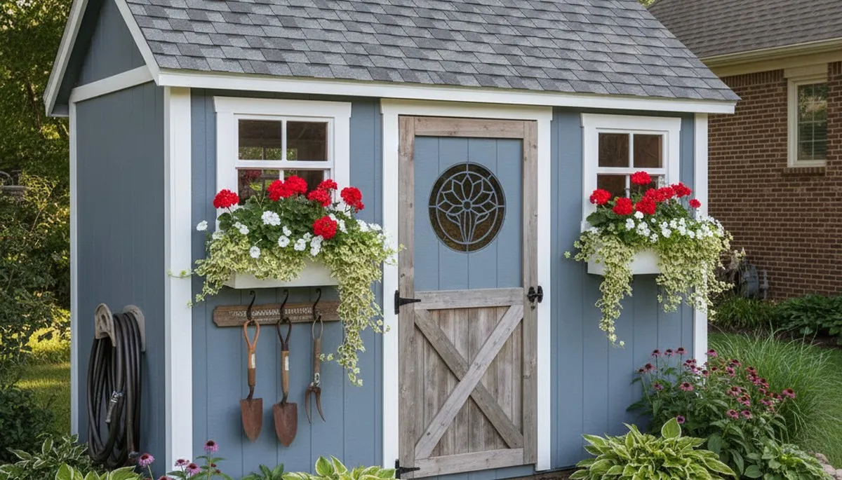 Decorative garden shed with custom landscaping design in Omaha, NE by Chop Chop Landscaping