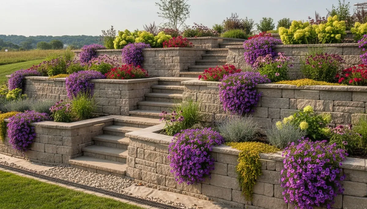 Custom stone retaining wall with tiered plantings and lighting in Council Bluffs IA landscaping design