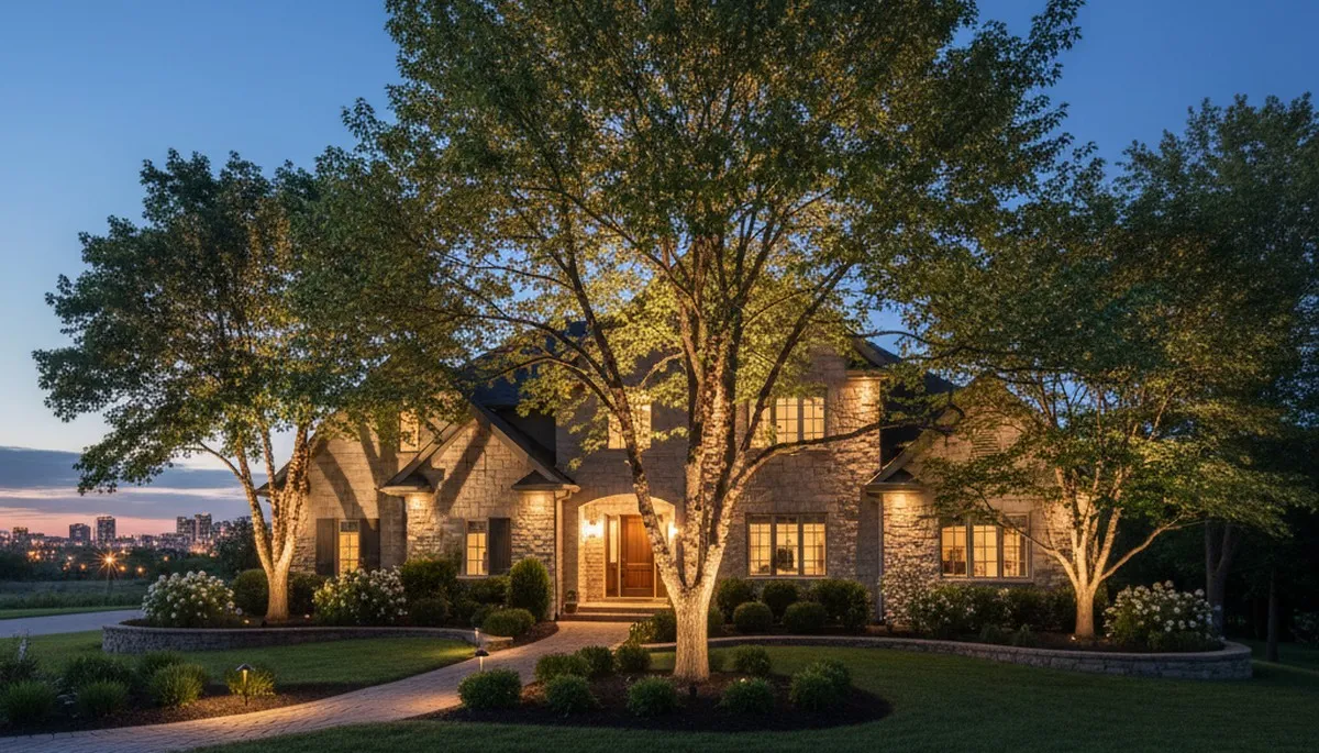 Dramatic tree uplighting by professional landscape lighting experts in Omaha, NE