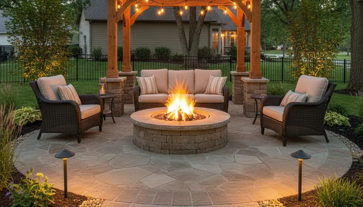 Fire pit patio with circular seating and native plants in Council Bluffs IA by Omaha NE landscaping experts