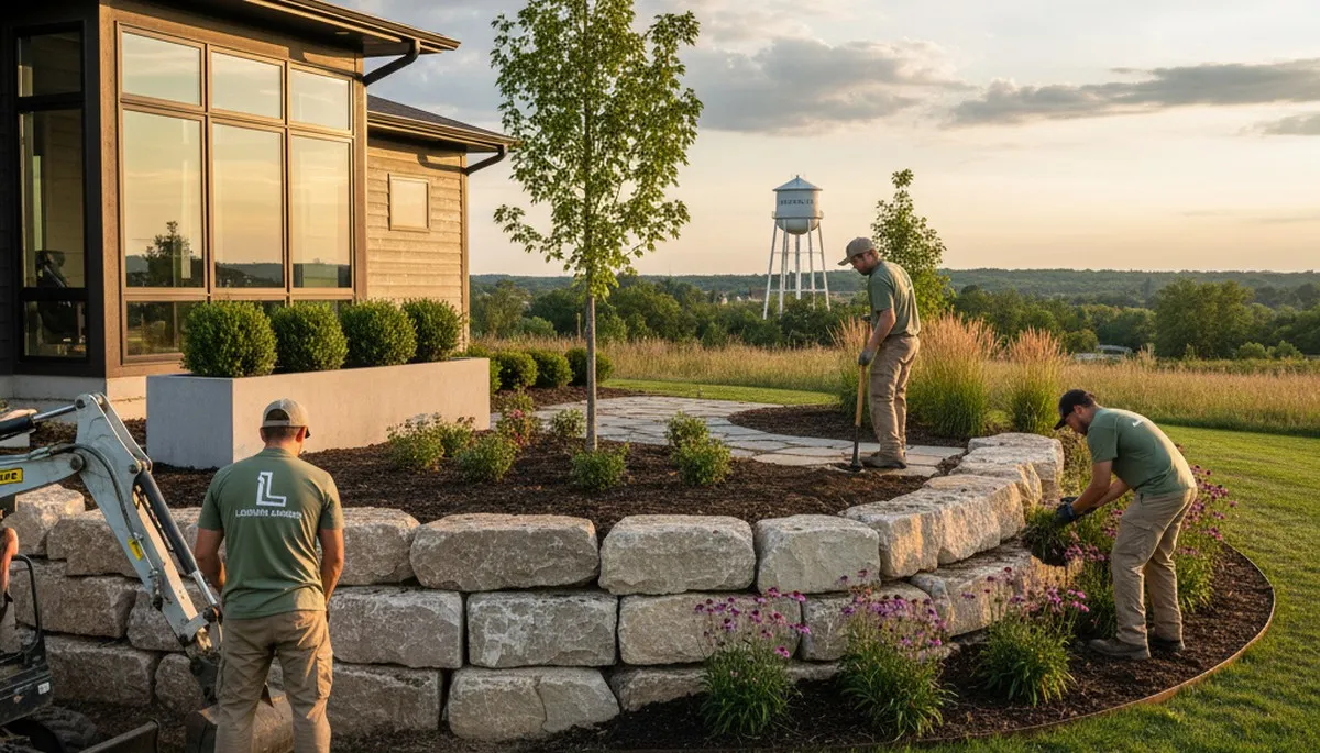 Landscaping crew providing lawn care and yard maintenance in Omaha, NE