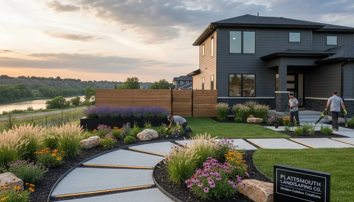 Landscaping crew servicing Omaha, NE residential yard maintenance and lawn care