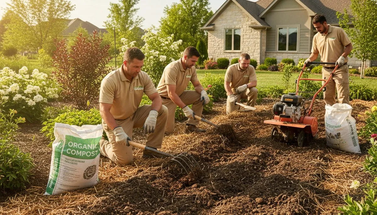 Technicians applying organic compost and natural fertilizers to enrich Omaha, NE landscape soil