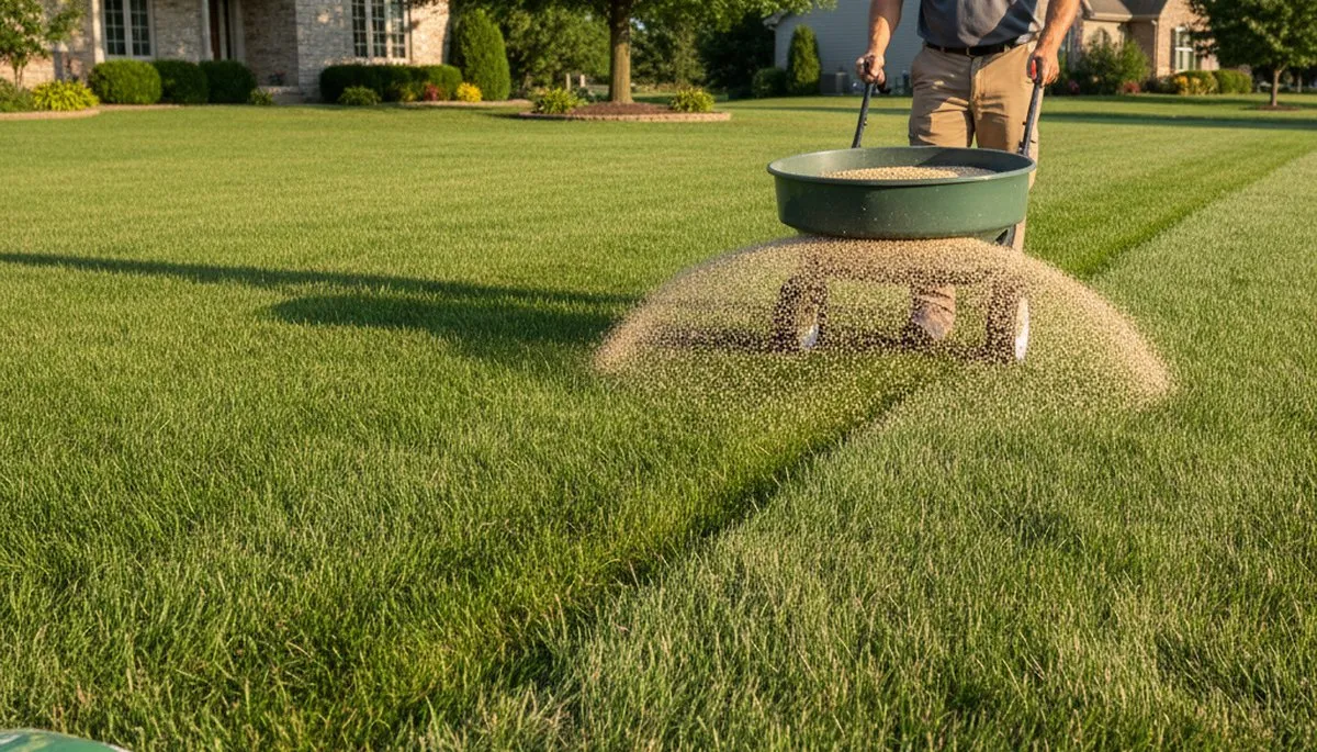Lawn care technician applying fertilizer with broadcast spreader on residential lawn in Omaha, NE