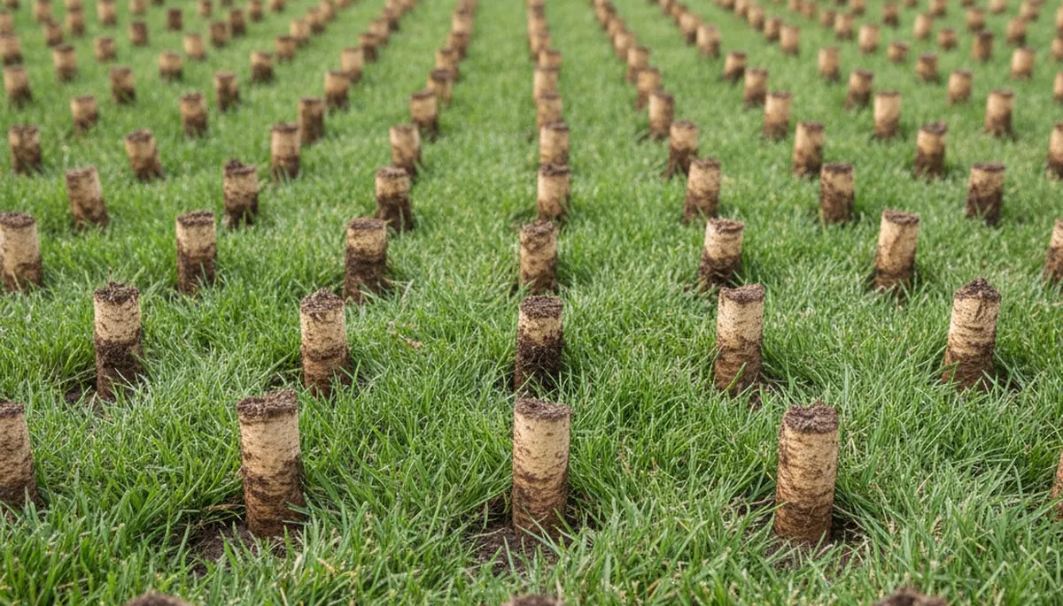 Close-up of soil core plugs from lawn aeration on Omaha, NE lawn by Chop Chop Landscaping